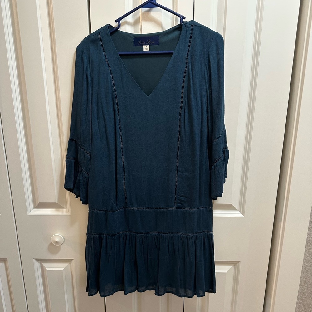 Dark Teal V-Neck Dress with Ruffle Sleeves